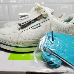 Crocs Leather Lace Up Womens Golf Shoes 6W White & Turquoise